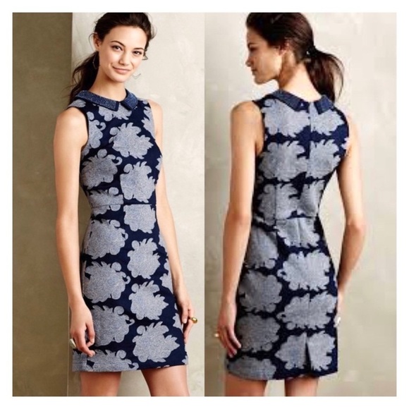 Anthropologie by Let me be Floral Patchwork Rain Garden Shift Dress Indigo Blue - Picture 2 of 11